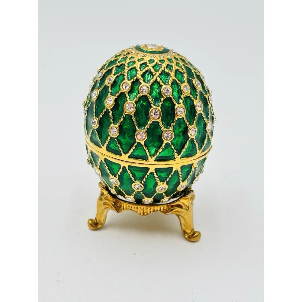 Jeweled Egg Trinket Box Green Enamel Rhinestone Gold Tone Hinged Decorative
